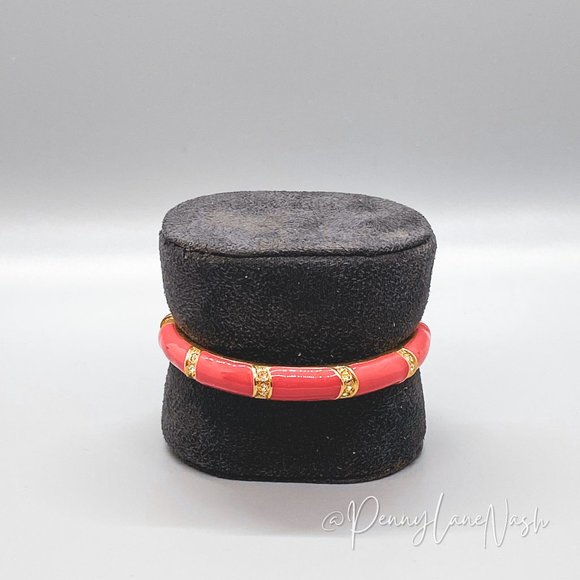 Vintage Jewelry - Vintage Pink With Gold Stripes Enamel Bangle Bracelet